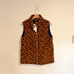 Lomon Womens Leopard Print Sherpa Fleece Zip Vest Size L Cozy Outdoor Streetwear